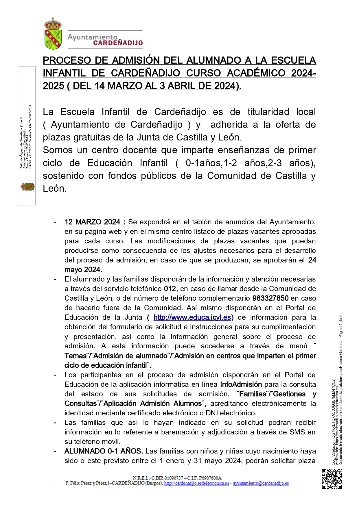 PROCESO DE ADMISIÓN DEL ALUMNADO A LA ESCUELA INFANTIL DE CARDEÑADIJO CURSO ACADÉMICO 2024- 2025