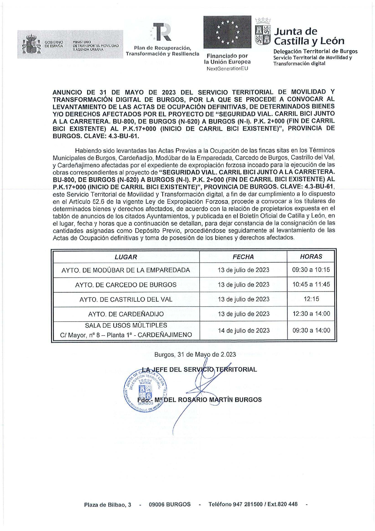 ANUNCIO LEVANTAMIENTO ACTAS OCUPACION DEFINITIVA CARRIL BICI EL 13-07-2023